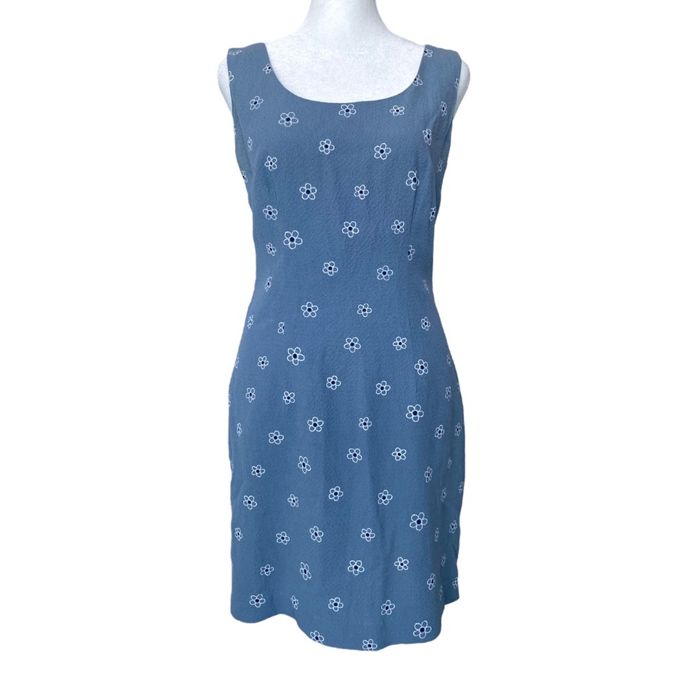 Vintage 90s Blue Floral Sleeveless A-Line Dress